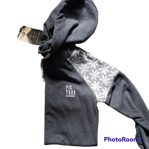 Picture Organic Pullover w/ Lace accents Grey Cowl Neck with Hoodie Size Medium - Picture 5 of 9